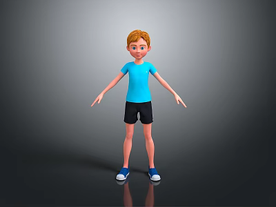 3D Child With Red Hair Blue T-shirt Black Shorts Blue Shoes Standing On Gray Background 3d model