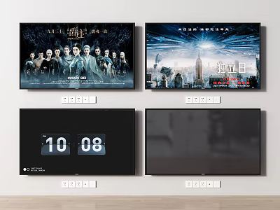 Wall Mounted Modern TVs Displaying Various Content Including Movies And Time 3d model