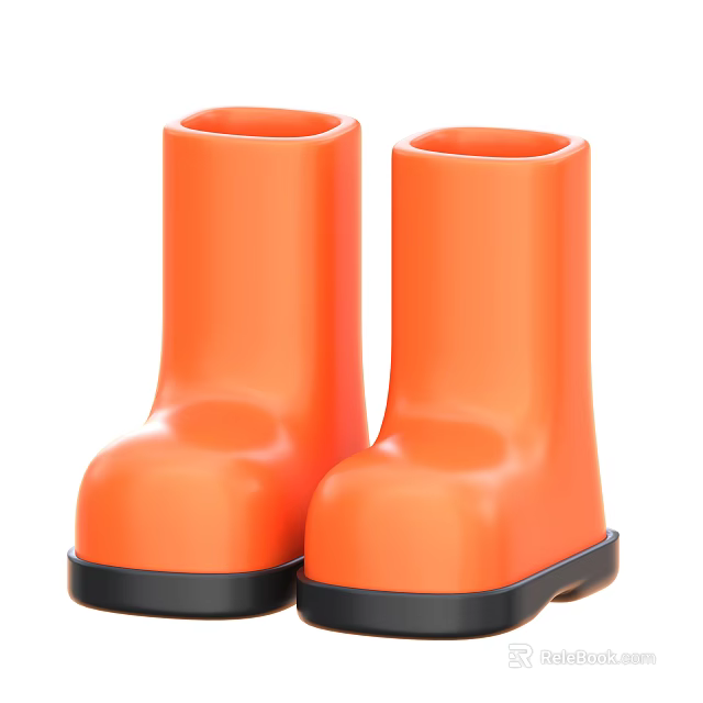 Pair of Bright Orange Rubber Rain Boots with Black Non Slip Soles 3d model 