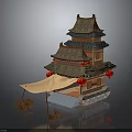 Chinese Traditional Multi Story Tower With Tiled Roof Red Lanterns And Tank Like Base