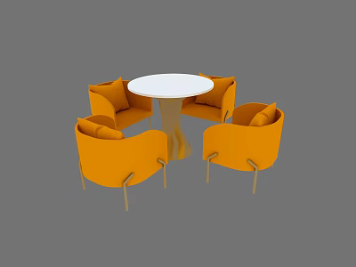 Round White Table And Four Orange Upholstered Chairs Dining Furniture Set 3d model