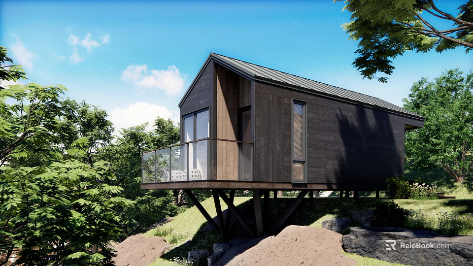 Modern Wooden House Elevated on Stilts With Balcony Glass Railings and Lush Greenery 3d model 