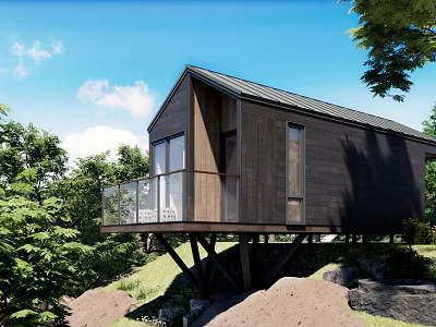 Modern Wooden House Elevated on Stilts With Balcony Glass Railings and Lush Greenery 3d model