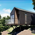 Modern Wooden House Elevated on Stilts With Balcony Glass Railings and Lush Greenery