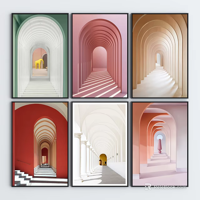 Artistic Colorful Archway Corridor Landscape Paintings With Staircases And Different Tones 3d model 