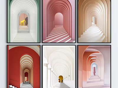 Artistic Colorful Archway Corridor Landscape Paintings With Staircases And Different Tones 3d model
