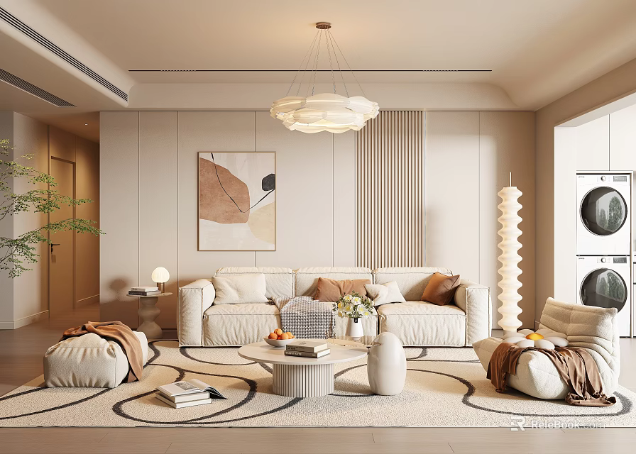 Modern Living Room Interior Design With Beige Sofa Round Coffee Table And Chandelier 3d model 