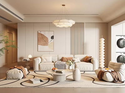 Modern Living Room Interior Design With Beige Sofa Round Coffee Table And Chandelier 3d model