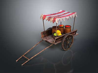 Vintage Wooden Fruit Cart With Red And White Striped Canopy And Fruit Baskets 3d model
