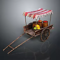Vintage Wooden Fruit Cart With Red And White Striped Canopy And Fruit Baskets