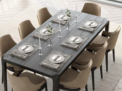 Dark Wood Dining Table With Beige Chairs And Neat Place Settings In Bright Room 3d model