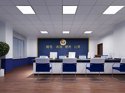 Efficient Public Service Hall With Service Counters Blue Chairs White Computers And Ceiling Lights 3d model