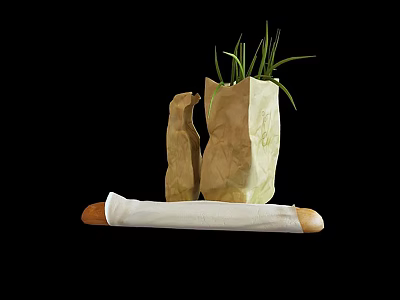 Fresh Green Vegetables in Paper Bags with Bread Roll on Black Background 3d model