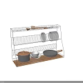 Wire Kitchenware Organizer With Plates Bowls Pans And Wooden Base