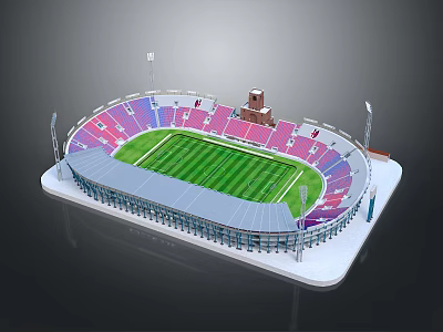 Modern Stadium Building With Green Turf Colorful Seats Transparent Roof And Light Poles 3d model