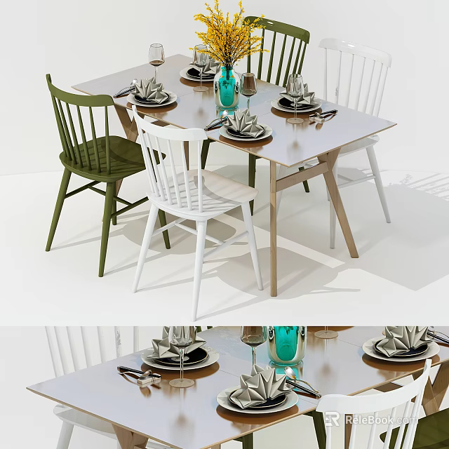 Modern Dining Table Set With Green White Chairs And Tableware Glasses Vase 3d model 