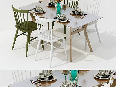 Modern Dining Table Set With Green White Chairs And Tableware Glasses Vase 3d model