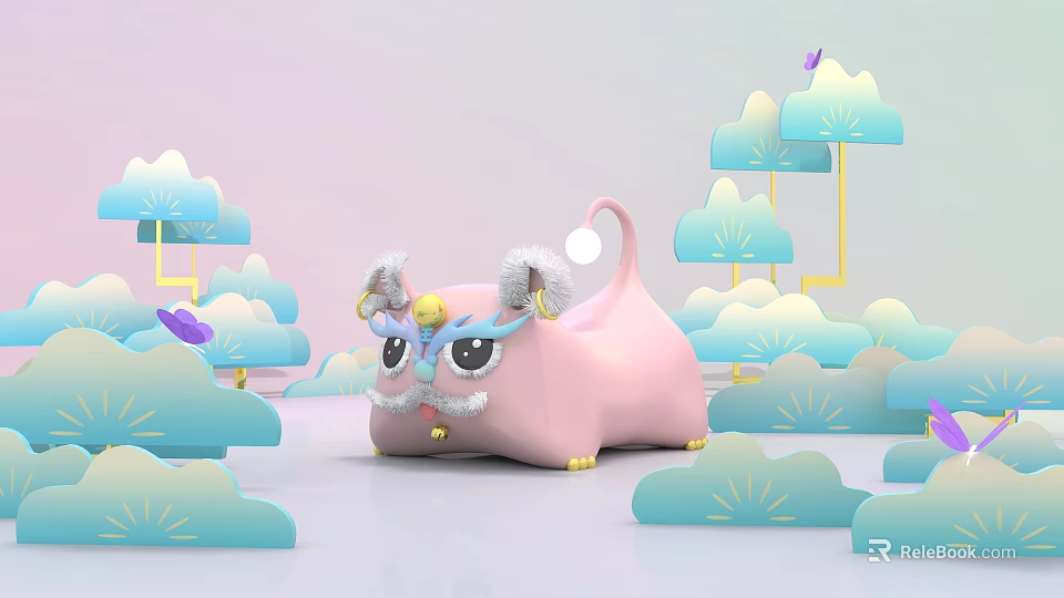 Pink Dragon Doll with Round Eyes Decorative Horns Yellow Bell Surrounded by Blue White Clouds 3d model 