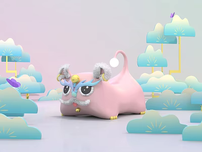 Pink Dragon Doll with Round Eyes Decorative Horns Yellow Bell Surrounded by Blue White Clouds 3d model