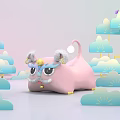 Pink Dragon Doll with Round Eyes Decorative Horns Yellow Bell Surrounded by Blue White Clouds