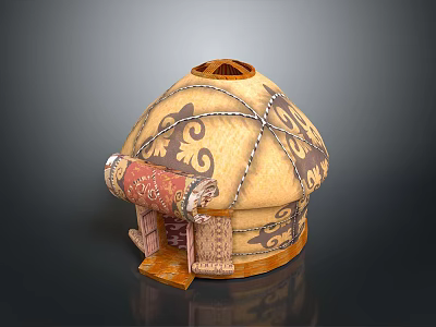 Traditional Yurt with Decorative Patterns Rolled Door Curtain and Circular Top in Scenic Landscape 3d model