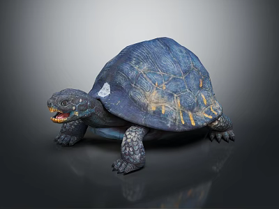 Realistic Blue Turtle With Textured Shell Yellow Stripes Open Mouth And Claws 3d model