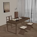 Minimalist Wooden Dining Table Set with Cushioned Stools Wall Art and Window View 3d model