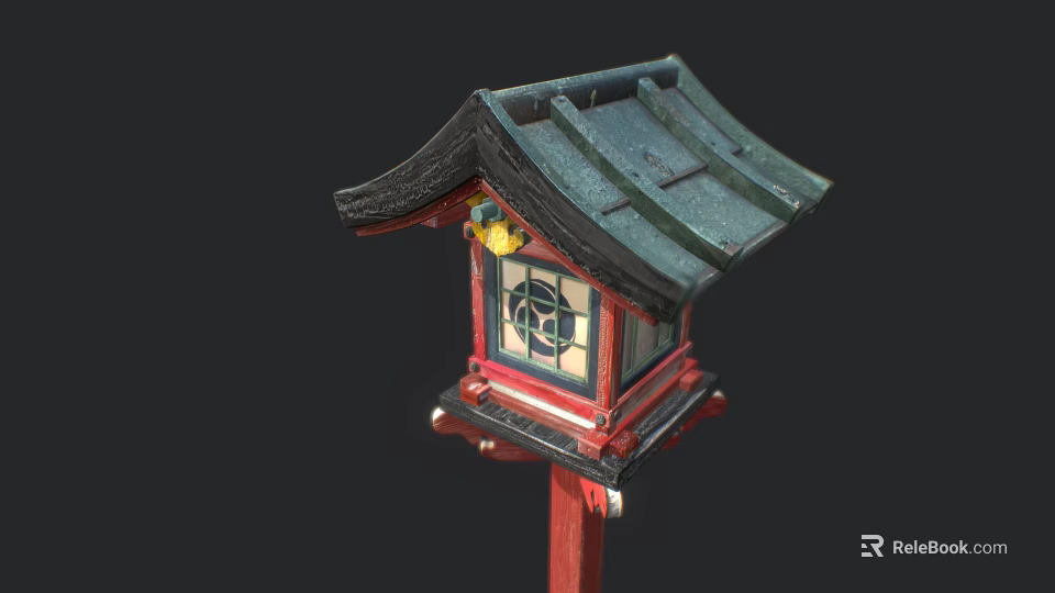 Japanese Style Garden Lantern With Green Roof Red Pillar And Stained Glass Panel 3d model 