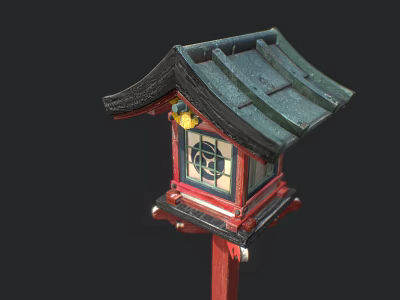 Japanese Style Garden Lantern With Green Roof Red Pillar And Stained Glass Panel 3d model