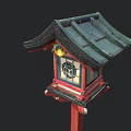 Japanese Style Garden Lantern With Green Roof Red Pillar And Stained Glass Panel