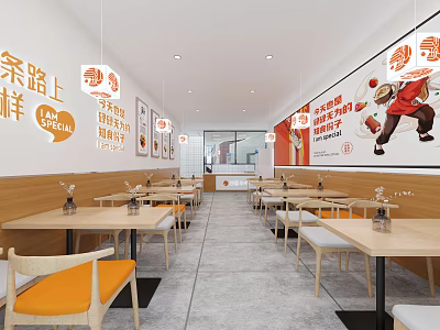 Mall Shop Restaurant Interior With Orange Chairs Wooden Tables Laksa Posters And Pendant Lights 3d model