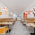Mall Shop Restaurant Interior With Orange Chairs Wooden Tables Laksa Posters And Pendant Lights