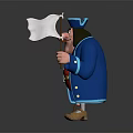 Cartoon Pirate Game Character Wearing Blue Coat Red Vest With Walking Cane And White Flag