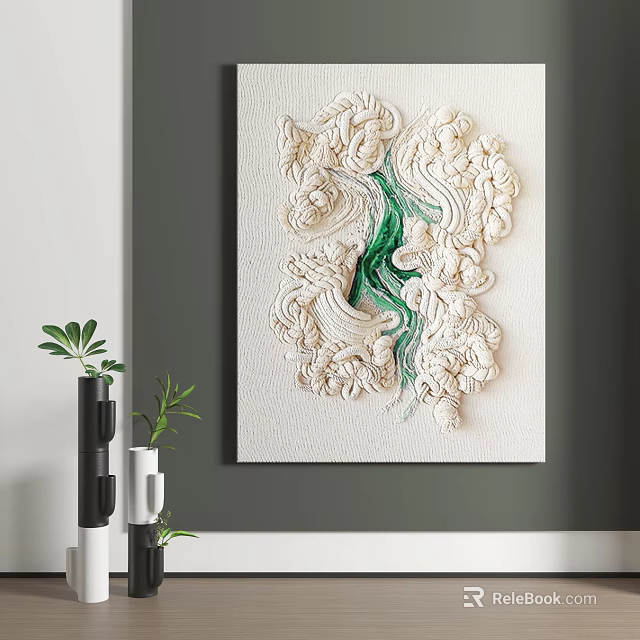 Textured Abstract Painting With White Green Relief On Gray Wall And Green Plants 3d model 