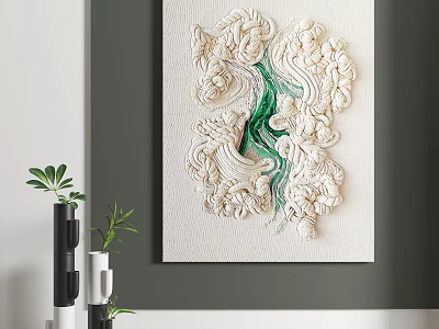 Textured Abstract Painting With White Green Relief On Gray Wall And Green Plants 3d model
