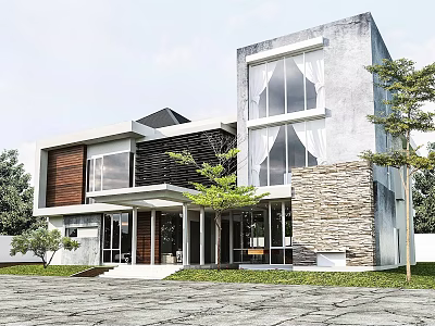 Modern Detached Villa Exterior Design With Stone Walls Wooden Panels And Large Windows 3d model