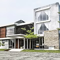 Modern Detached Villa Exterior Design With Stone Walls Wooden Panels And Large Windows