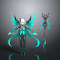 Mythical Character With Turquoise Wings White Hair Red Eyes Ornate Outfit And Black Decorated Staff
