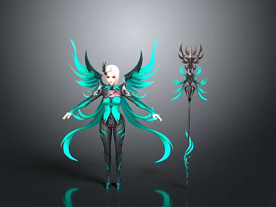 Mythical Character With Turquoise Wings White Hair Red Eyes Ornate Outfit And Black Decorated Staff 3d model