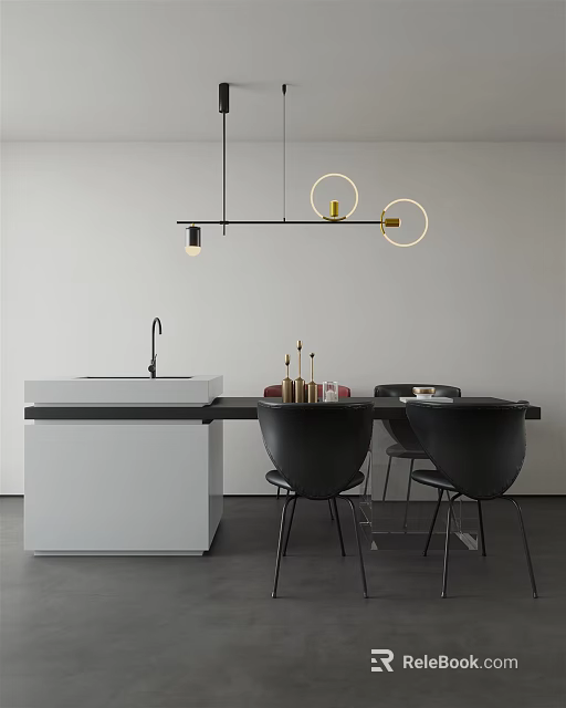 Modern Dining Table Set With Black Table Chairs And Circular Pendant Lights 3d model 