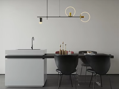 Modern Dining Table Set With Black Table Chairs And Circular Pendant Lights 3d model