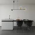 Modern Dining Table Set With Black Table Chairs And Circular Pendant Lights 3d model