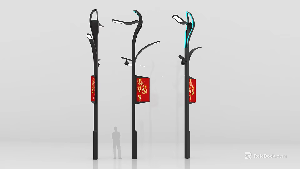 Modern Outdoor Lights with Black Poles and Red Decorative Signs for Outdoor Spaces 3d model 