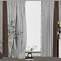 Elegant White Sheer And Brown Curtains At Window With Potted Plant Teddy Bear Books Clock