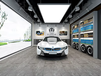 BMW i8 White Sports Car Displayed In 4S Store Showroom With Wheels And Auto Supplies 3d model