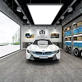 BMW i8 White Sports Car Displayed In 4S Store Showroom With Wheels And Auto Supplies