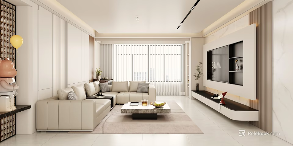 Modern Minimalist Cream Tone Living Room With Sectional Sofa Marble Coffee Table And TV Wall 3d model 