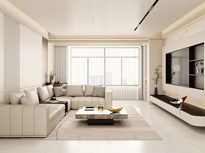 Modern Minimalist Cream Tone Living Room With Sectional Sofa Marble Coffee Table And TV Wall 3d model