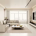 Modern Minimalist Cream Tone Living Room With Sectional Sofa Marble Coffee Table And TV Wall