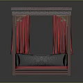 Chinese Style Wooden Frame Double Bed With Red Curtains And Carved Details